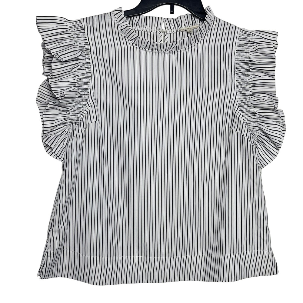 Jodifl Black White Stripe Blouse Women M Ruffle Sleeve Casual Boutique Top